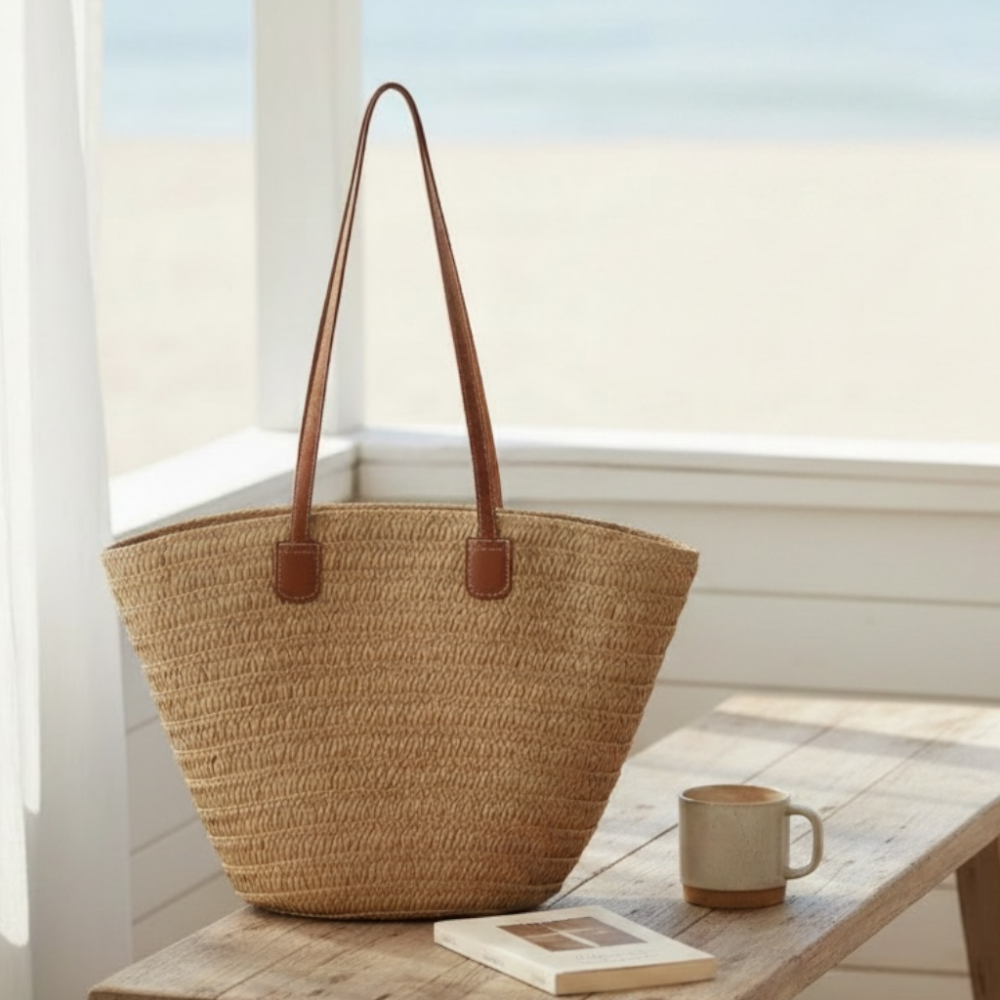 Beach Handbag Woven Straw Beige