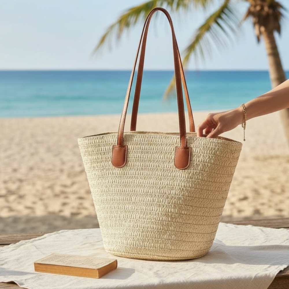 Beach Handbag Woven Straw Offwhite