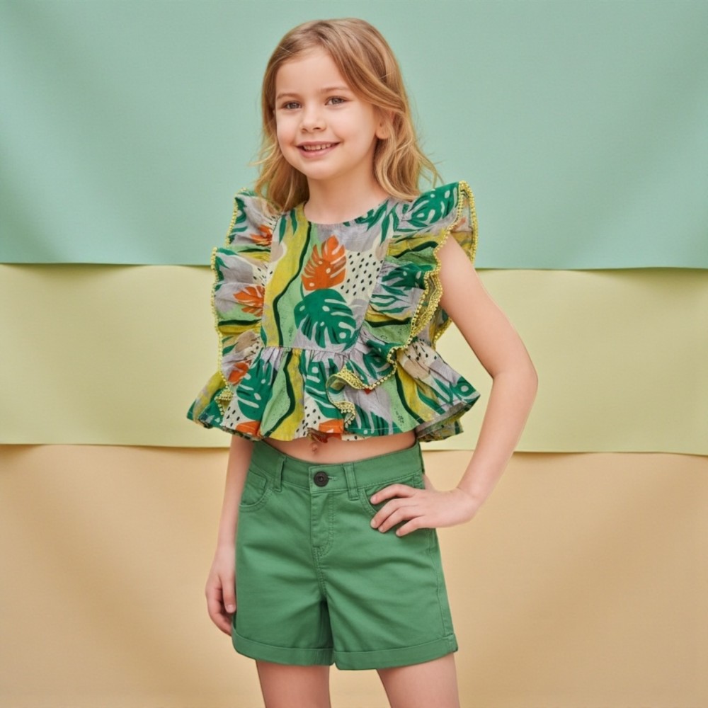 Girls Set Blouse Colorful + Shorts Green 