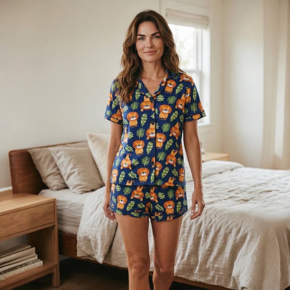 Woman Summer Pyjamas Set Shorts Button Trough Lion Love