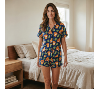 Woman Summer Pyjamas Set Shorts Button Trough Lion Love
