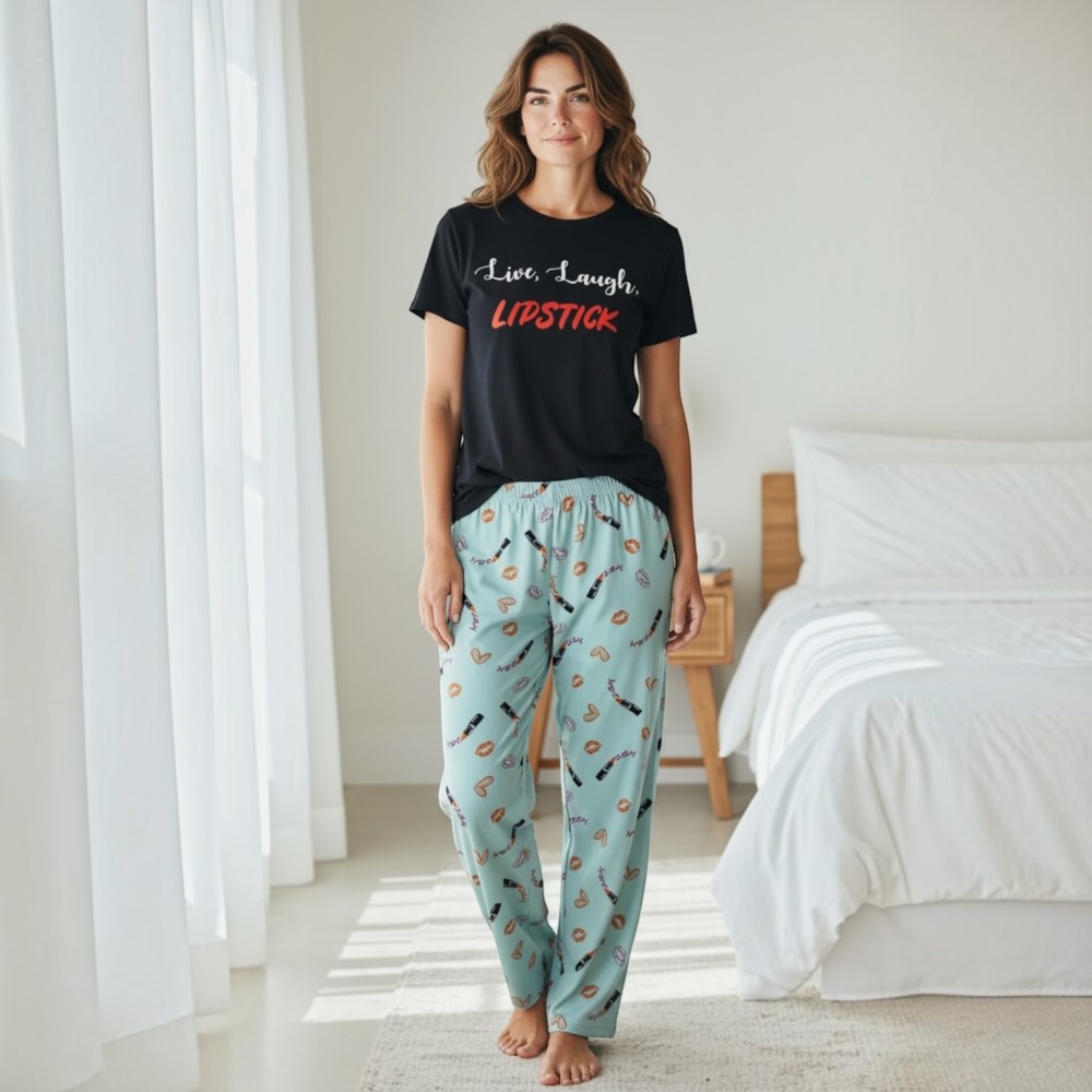 Woman Summer Pyjamas Pants Lipstick Green