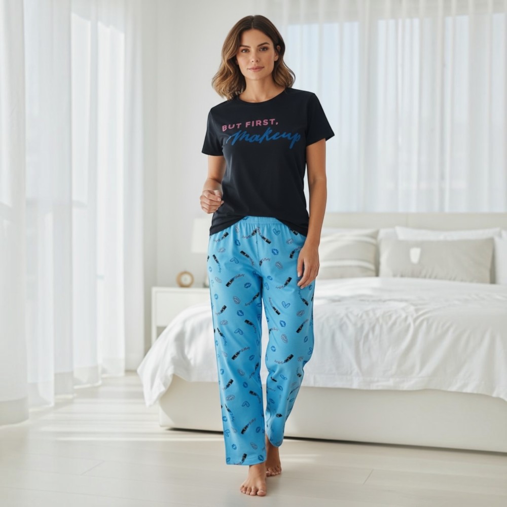 Woman Summer Pyjamas Pants Lipstick Blue