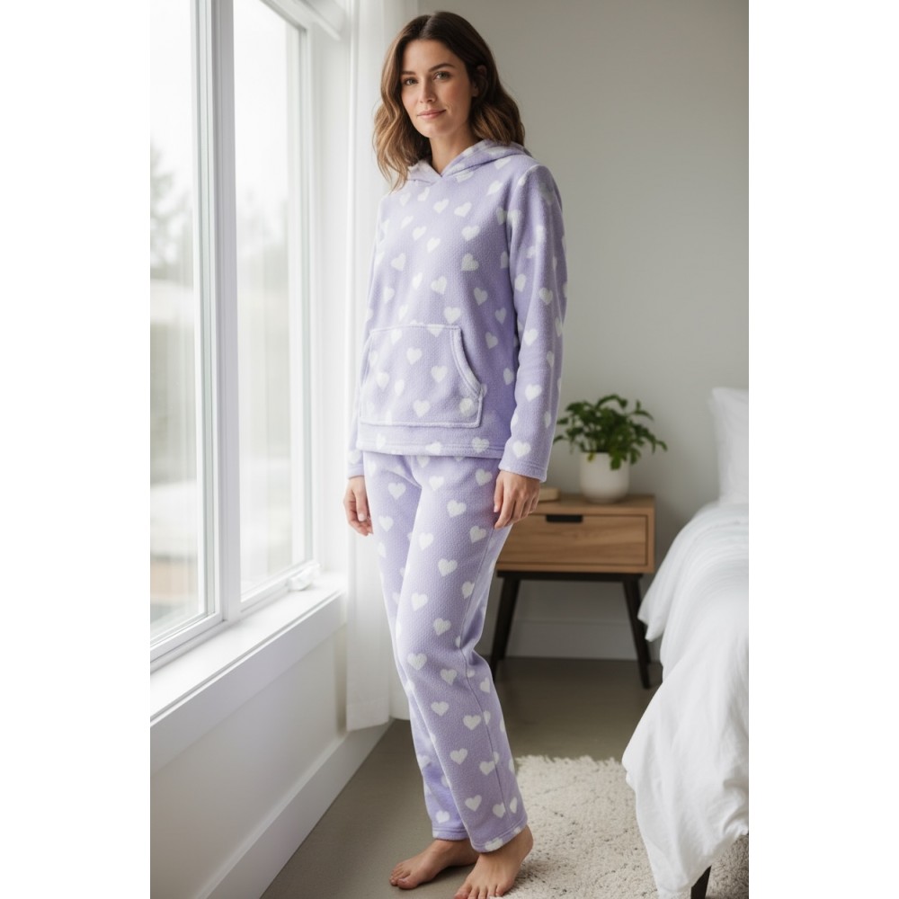 Woman Winter Pyjama Set Hearts Purple