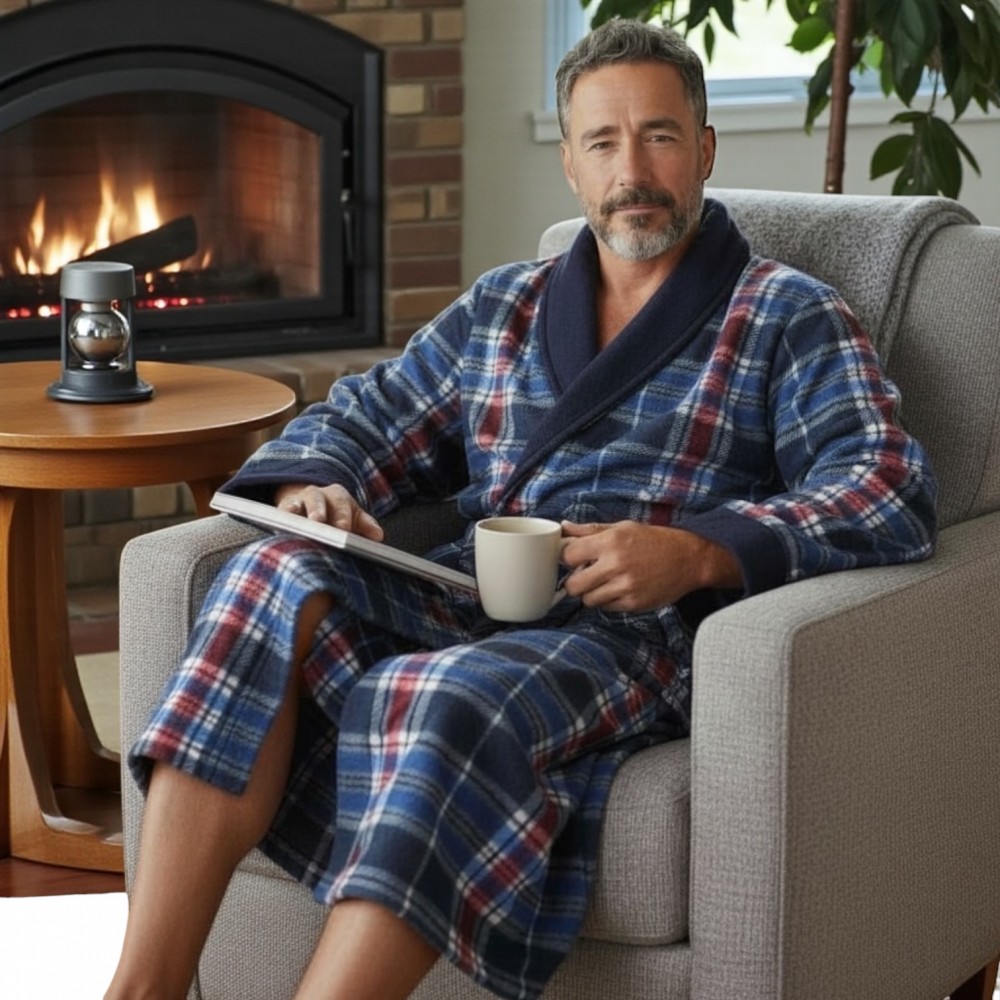 Men Winter Robe Plaid Navy - Red Men Winter Robe Plaid Navy - Red