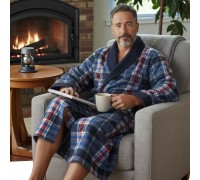 Men Winter Robe Plaid Navy - Red
