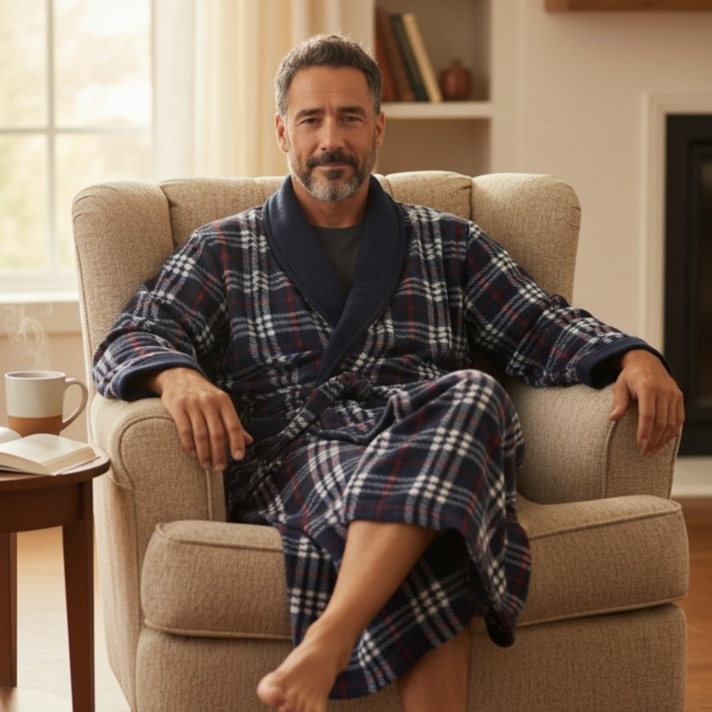 Men Winter Robe Plaid Navy Men Winter Robe Plaid Navy