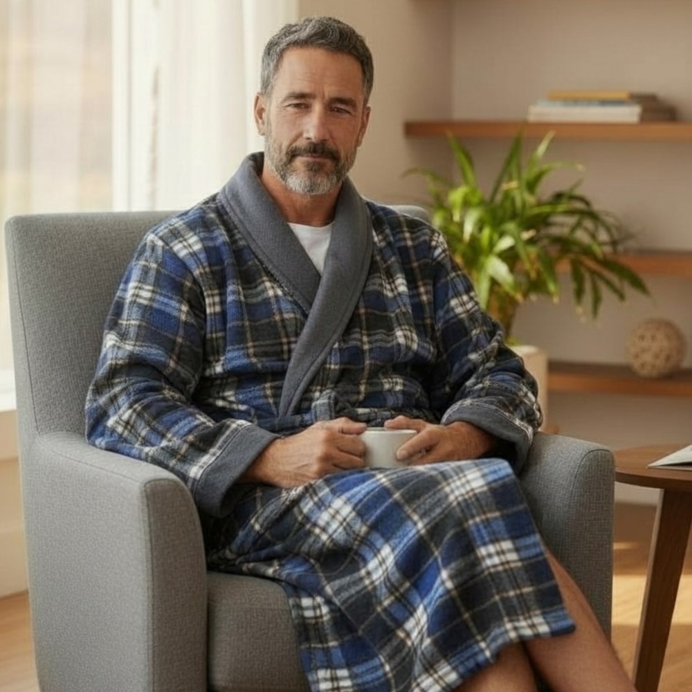 Men Winter Robe Plaid Navy - Yellow Men Winter Robe Plaid Navy - Yellow
