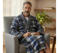 Men Winter Robe Plaid Navy - Yellow