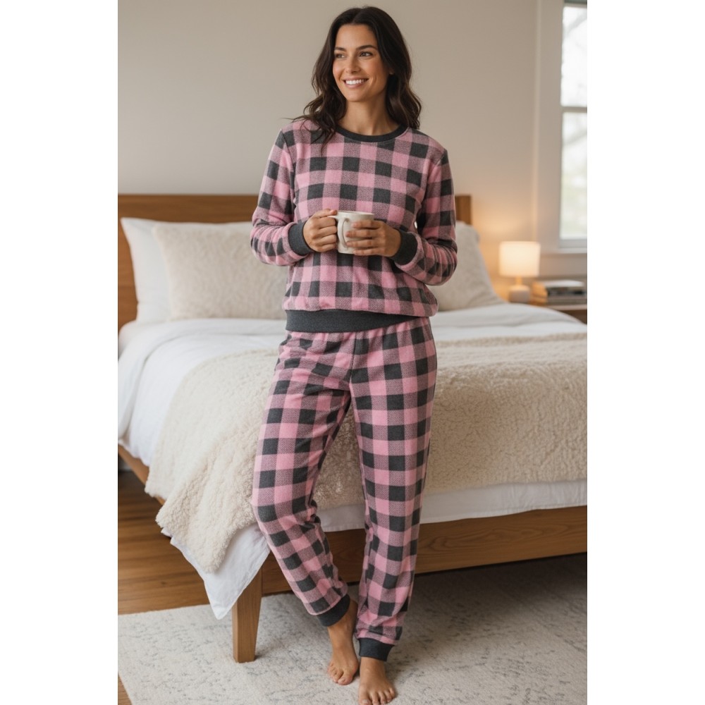 Woman Winter Pyjama Set Pink Squares Grey