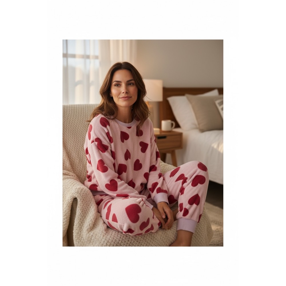 Woman Winter Pyjama Set Hearts Pink