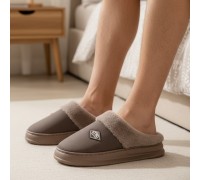 Men Winter Slippers Leather Stnd Brown - Big Sizes