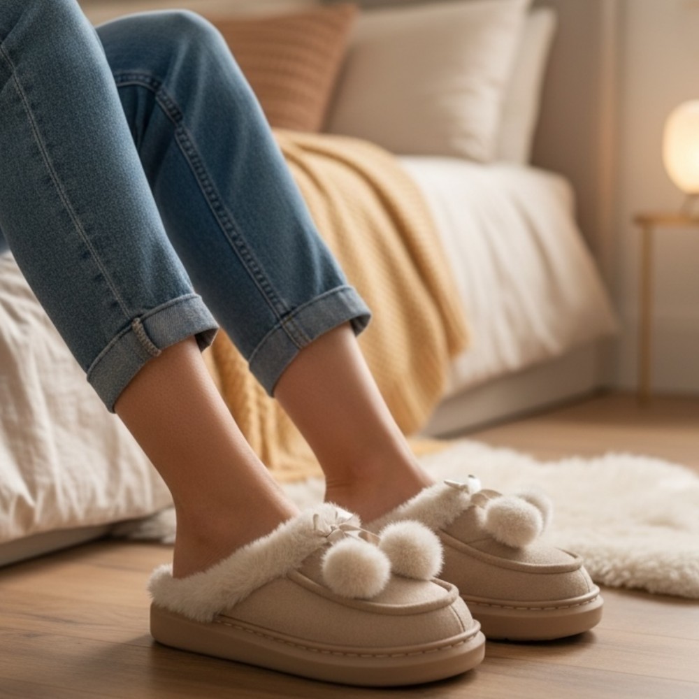 Woman Winter Slippers Bow Beige