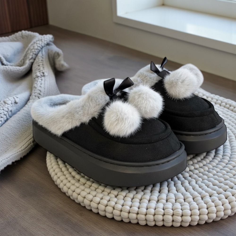 Woman Winter Slippers Bow Black