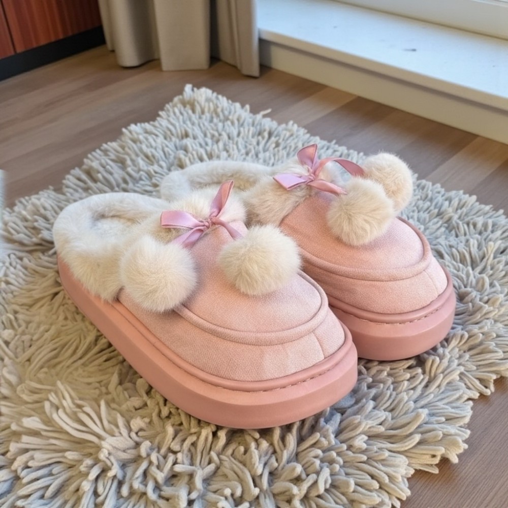 Woman Winter Slippers Bow Pink