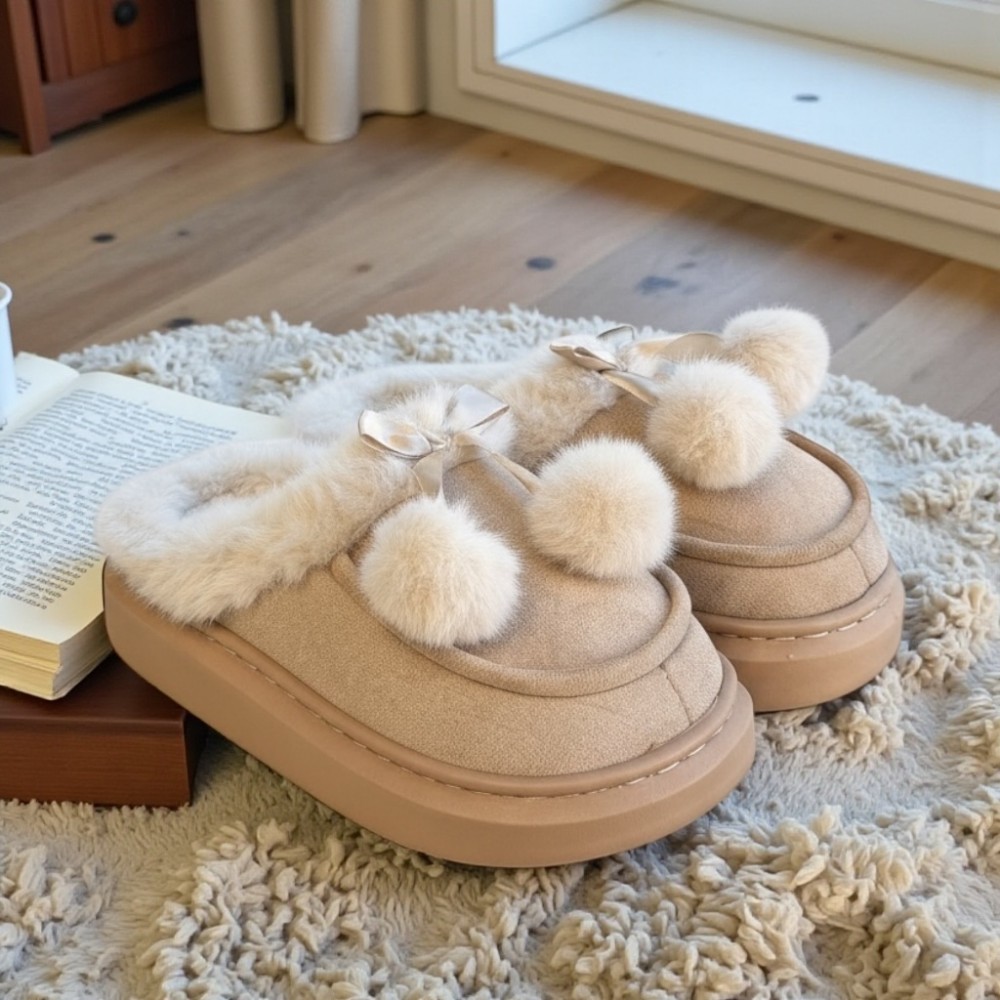 Woman Winter Slippers Bow Beige Woman Winter Slippers Bow Beige