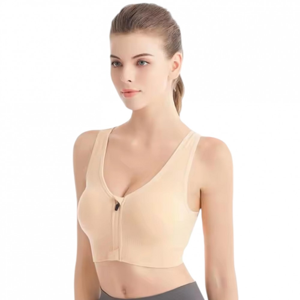 Front Zip Sports Bra Woman Push Up Beige