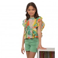 Girls Set Blouse Colorful + Shorts Green 