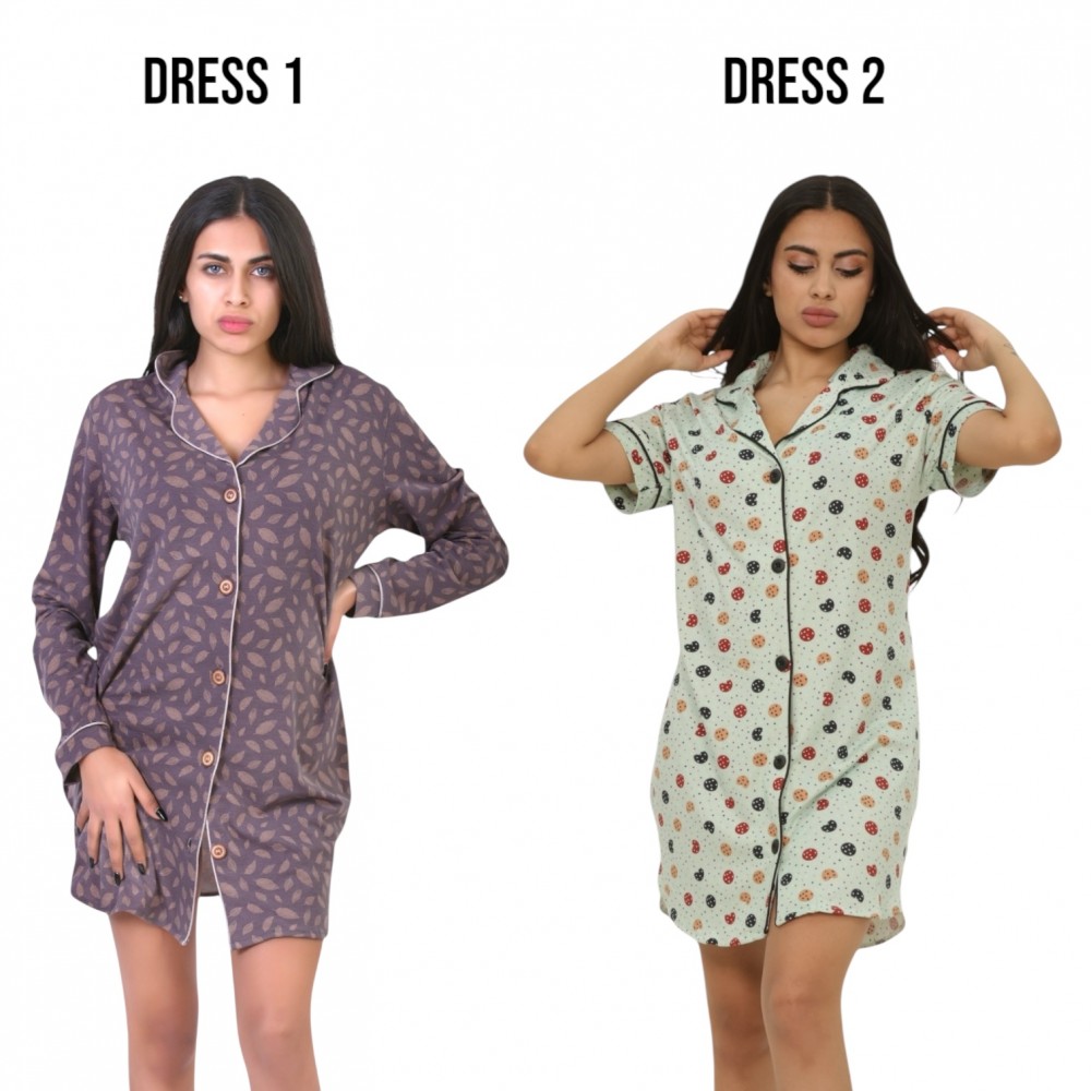 Woman Summer Pyjamas 2  Dresses -  Leaves Beige + Cookies