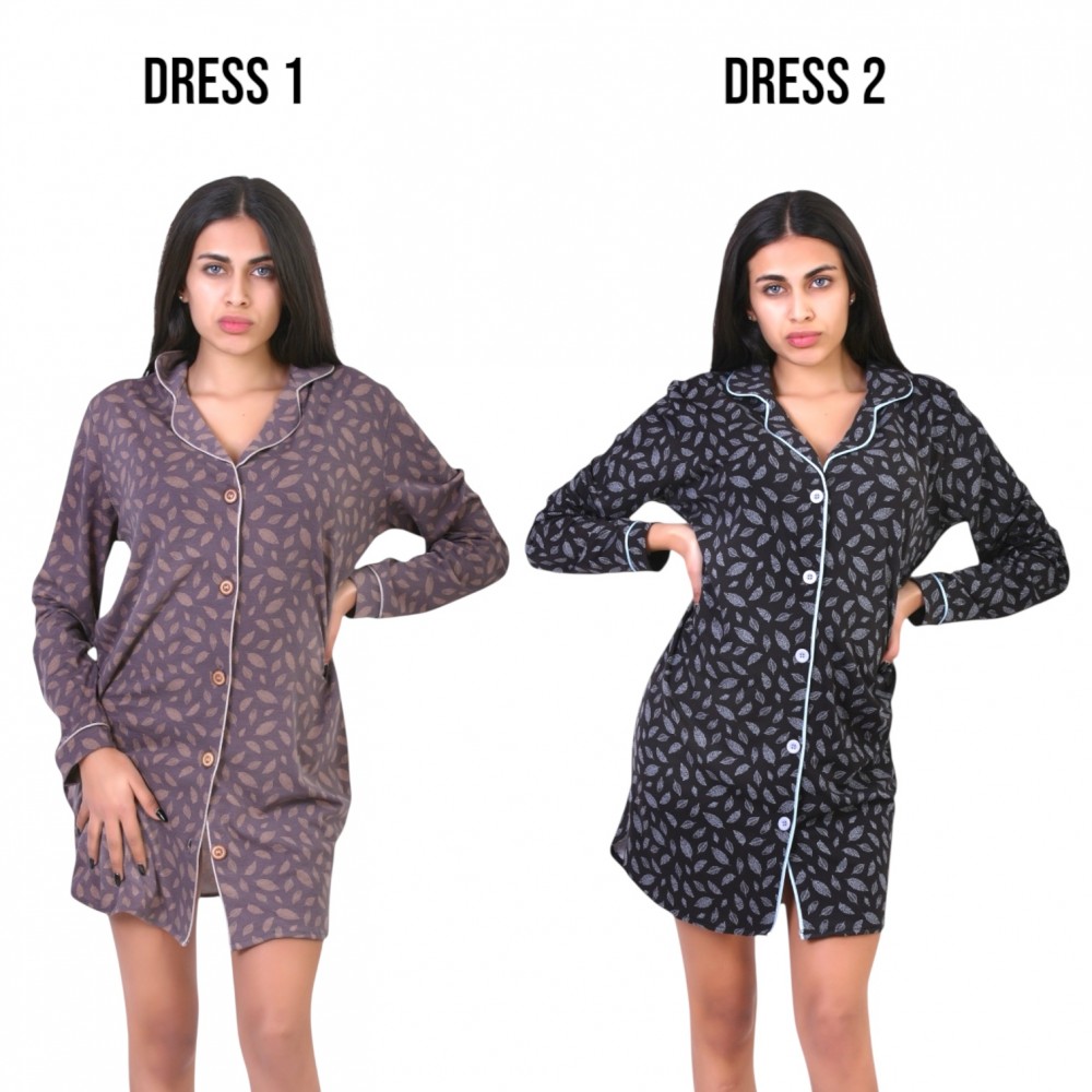Woman Summer Pyjamas 2  Dresses -  Leaves Beige + Leaves BLue
