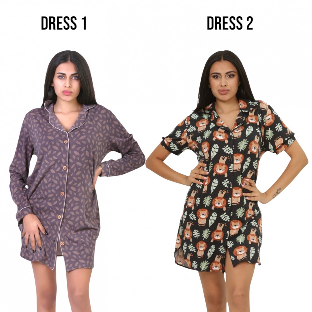 Woman Summer Pyjamas 2  Dresses -  Leaves Beige + Lion Black