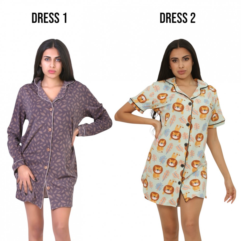 Woman Summer Pyjamas 2  Dresses -  Leaves Beige + Lion Green