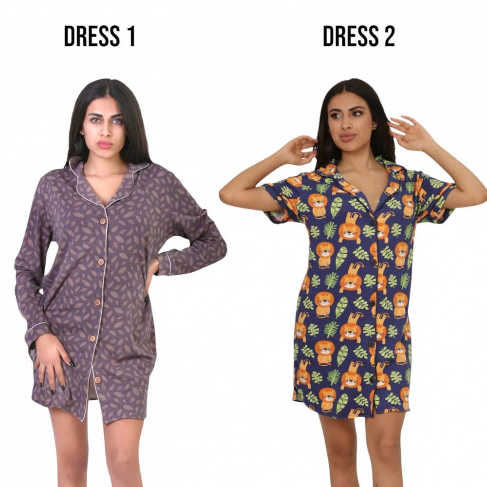 Woman Summer Pyjamas 2  Dresses -  Leaves Beige + Lion Navy