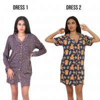 Woman Summer Pyjamas 2  Dresses -  Leaves Beige + Lion Navy