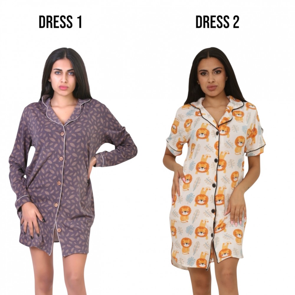 Woman Summer Pyjamas 2  Dresses -  Leaves Beige + Lion White