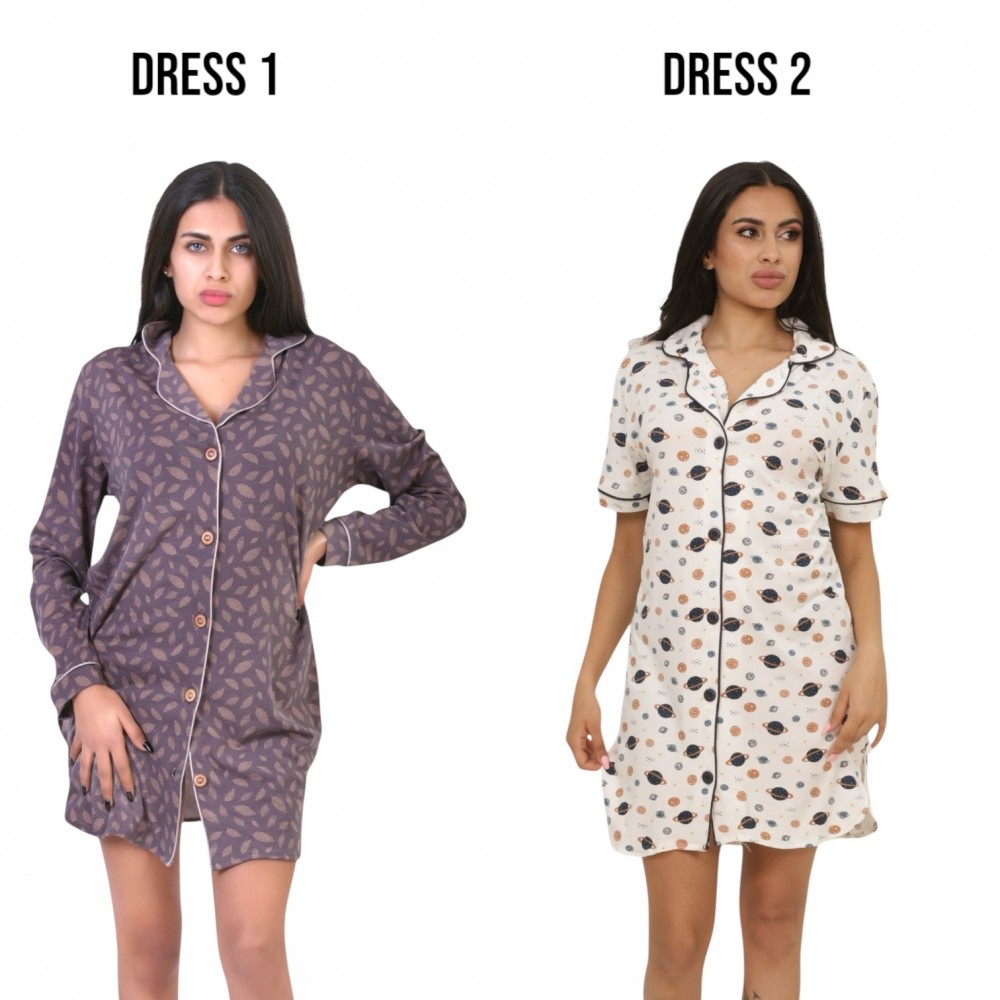 Woman Summer Pyjamas 2  Dresses -  Leaves Beige + Planet