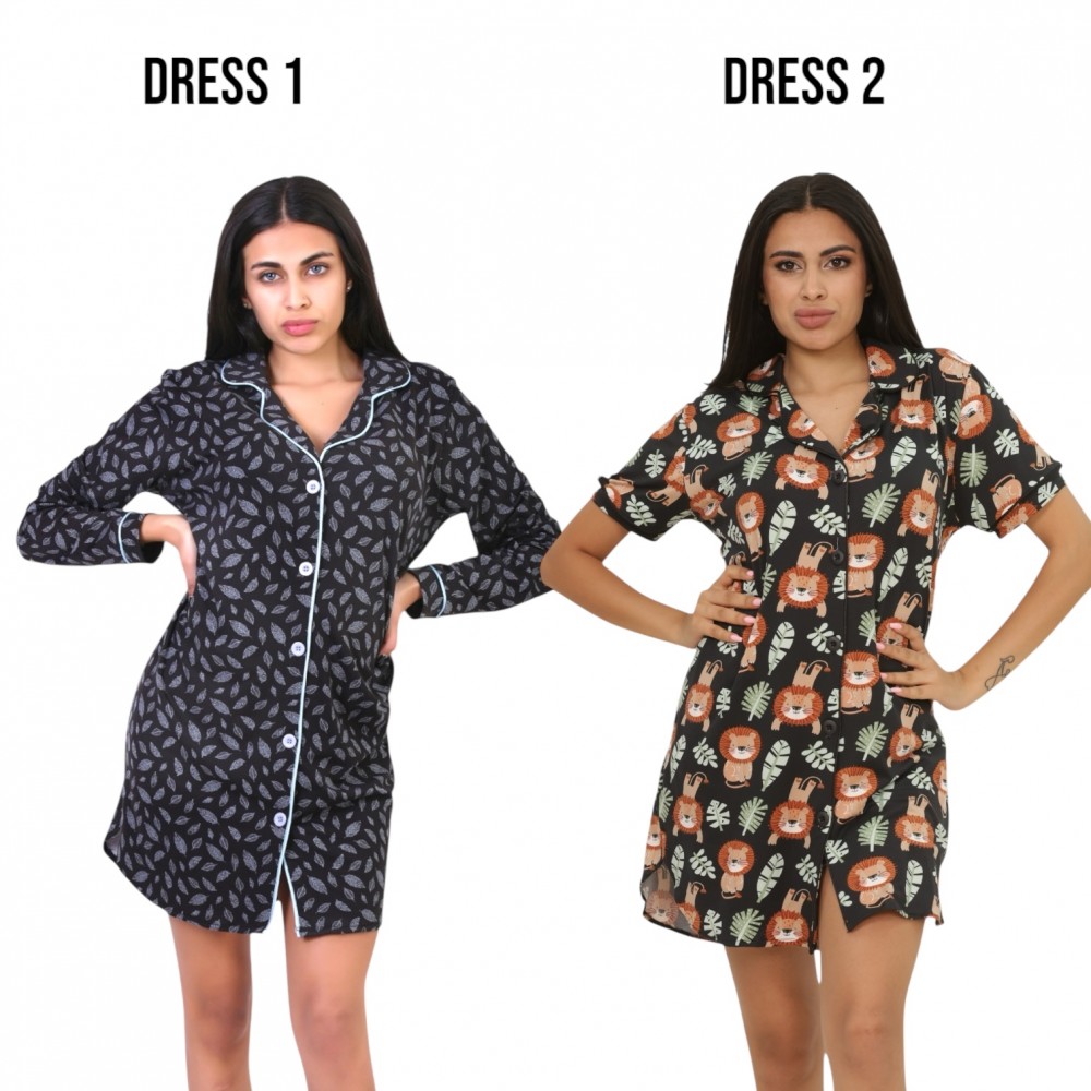 Woman Summer Pyjamas 2  Dresses -  Leaves Blue + Lion Black