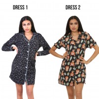 Woman Summer Pyjamas 2  Dresses -  Leaves Blue + Lion Black