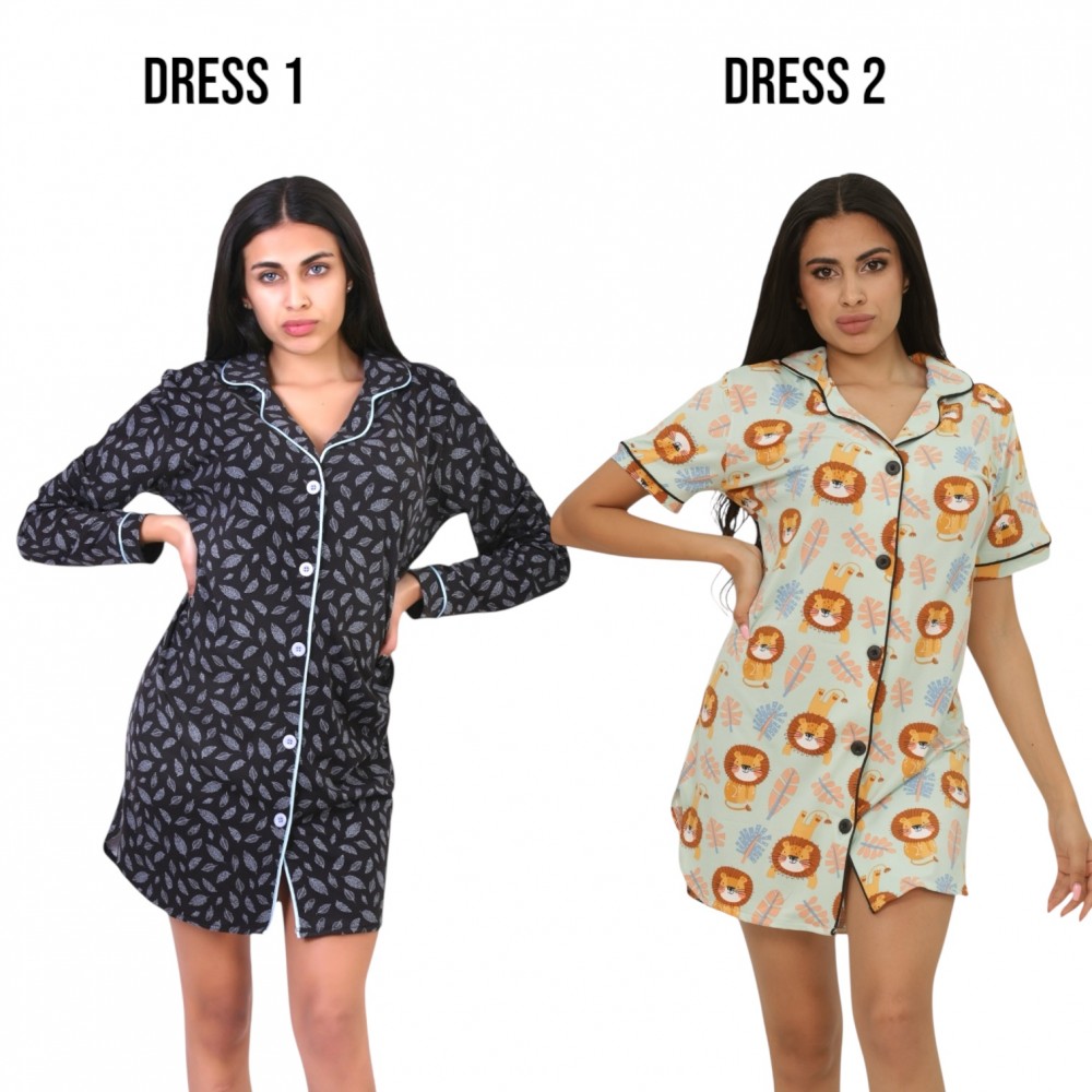 Woman Summer Pyjamas 2  Dresses -  Leaves Blue + Lion Green