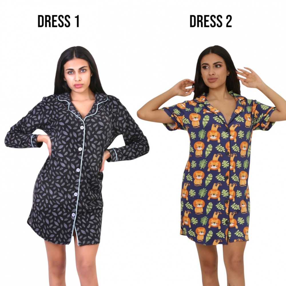Woman Summer Pyjamas 2  Dresses -  Leaves Blue + Lion Navy