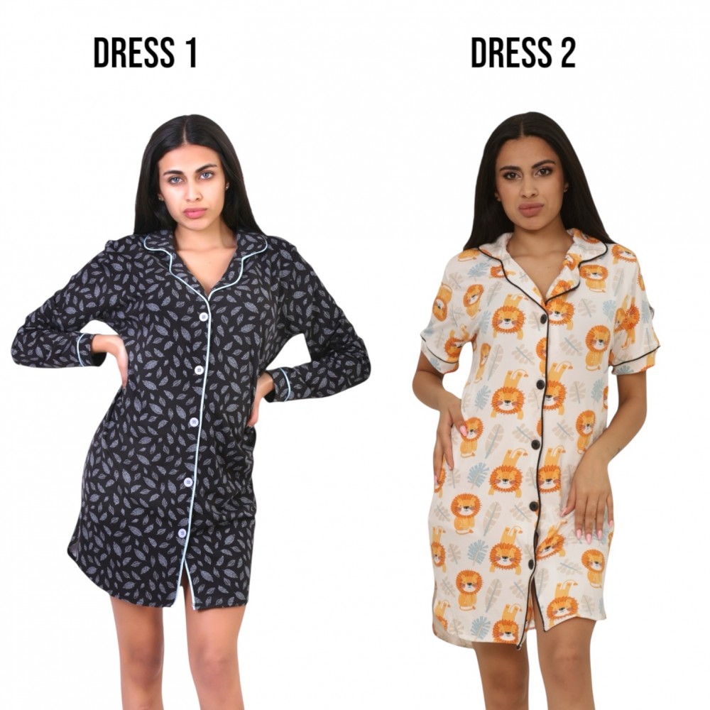 Woman Summer Pyjamas 2  Dresses -  Leaves Blue + Lion White