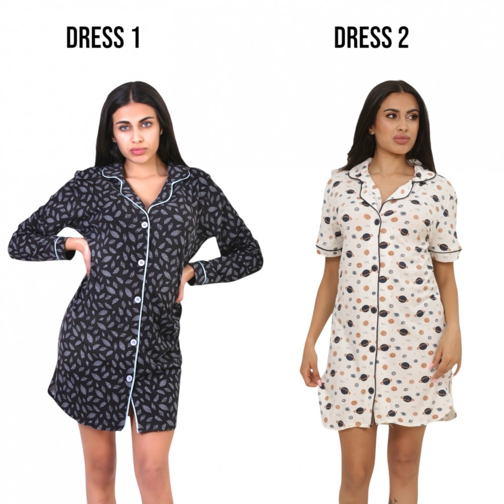 Woman Summer Pyjamas 2  Dresses -  Leaves Blue + Planet