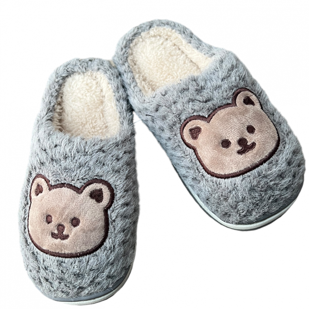 Kids Winter Slippers Bear Face Grey