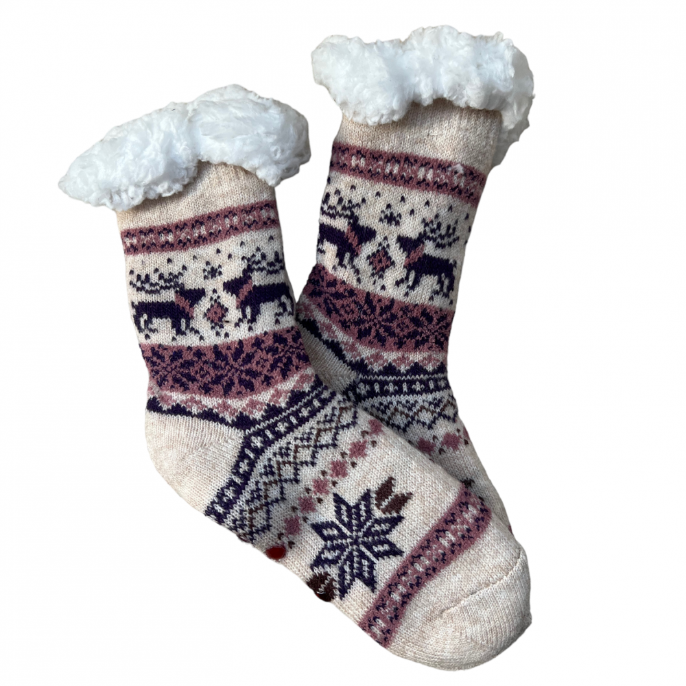 Kids Home Winter Socks Reindeer Snow Beige