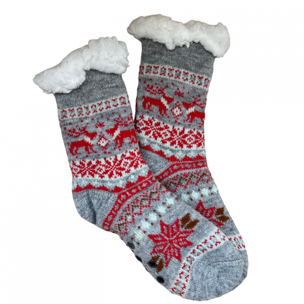 Kids Home Winter Socks Reindeer Snow Grey