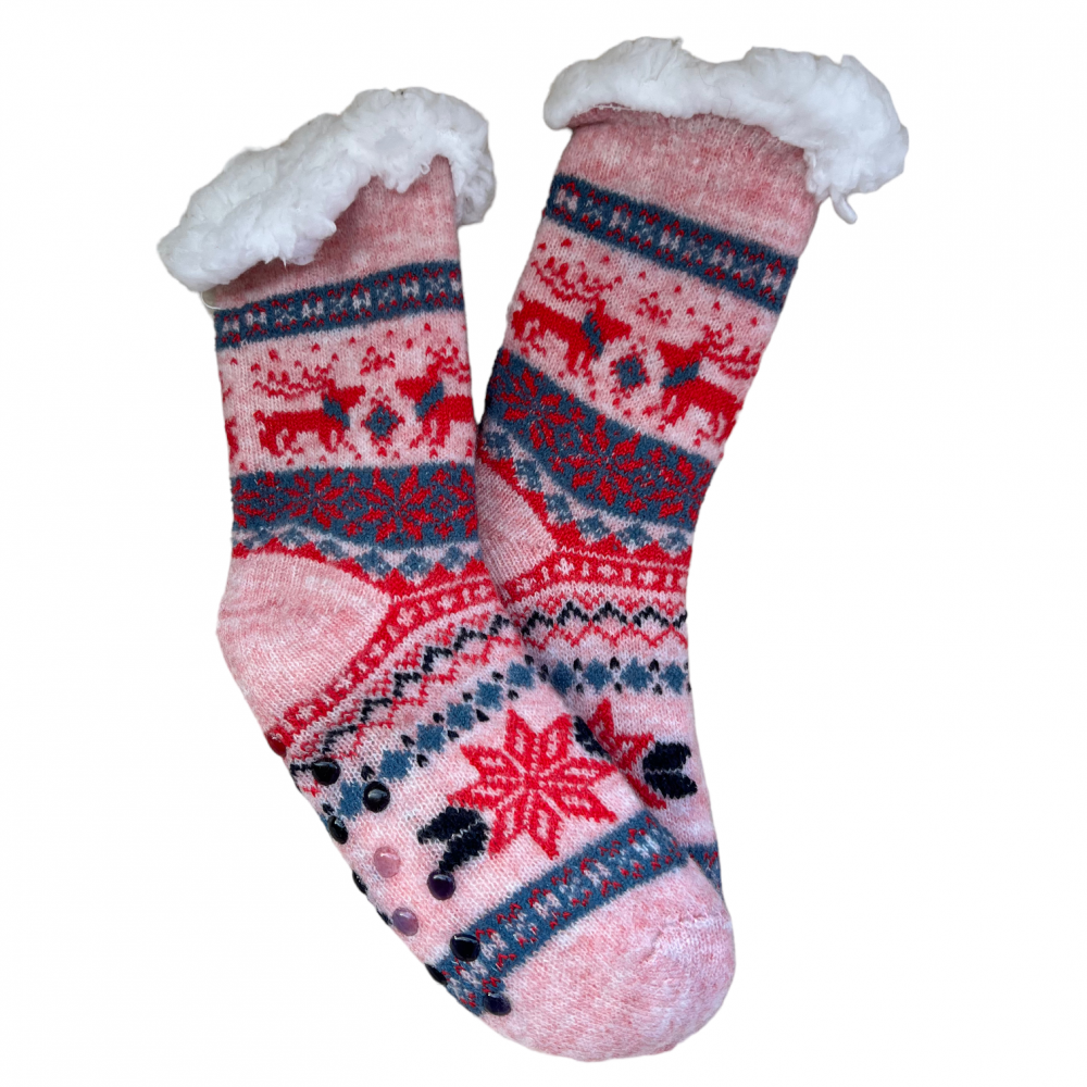 Kids Home Winter Socks Reindeer Snow Pink