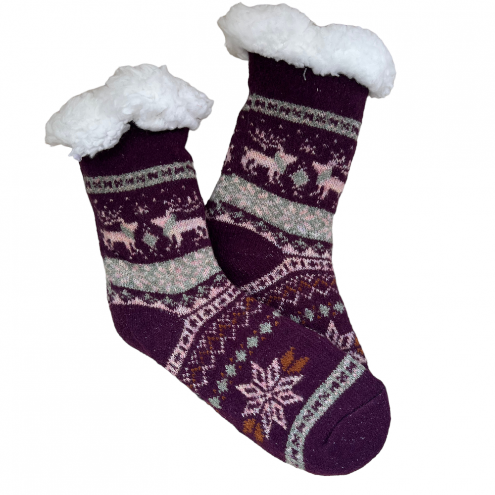 Kids Home Winter Socks Reindeer Snow Purple