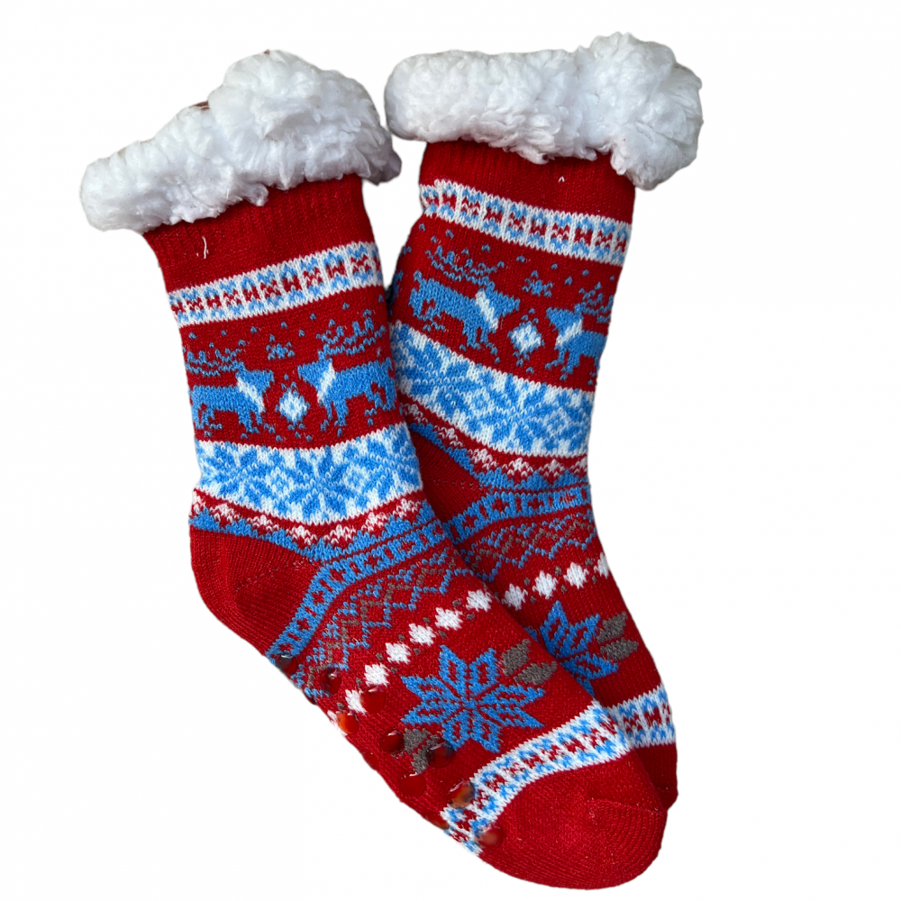 Kids Home Winter Socks Reindeer Snow Red