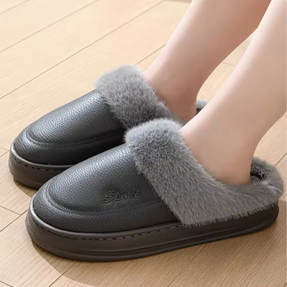 Men Winter Slippers Leather Sport Grey - Big Sizes