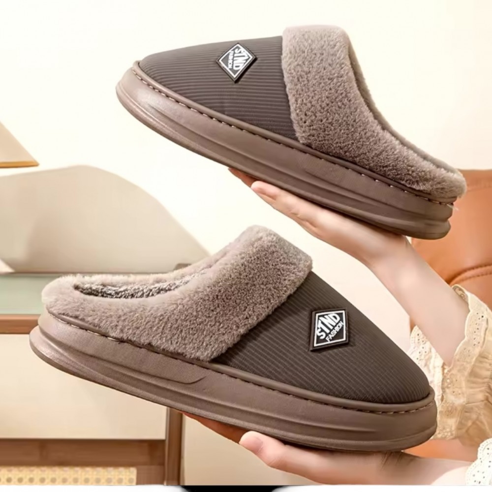 Men Winter Slippers Leather Stnd Brown - Big Sizes