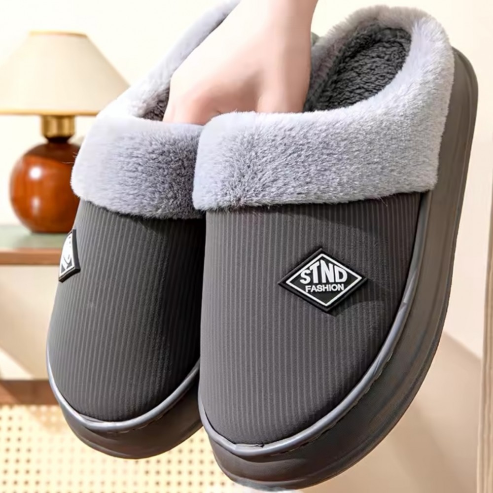 Men Winter Slippers Leather Stnd Grey - Big Sizes