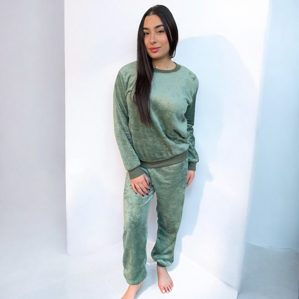 Woman Pyjamas Coral Fleece Bear Green - Big Sizes Available