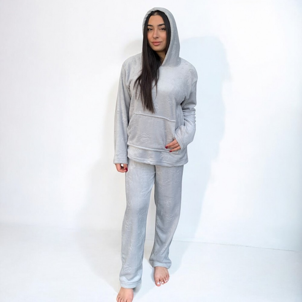 Woman Pyjamas Coral Fleece With Hat Bow Grey - Big Sizes Available