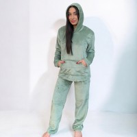 Woman Pyjamas Coral Fleece With Hat Butterfly Green - Big Sizes Available