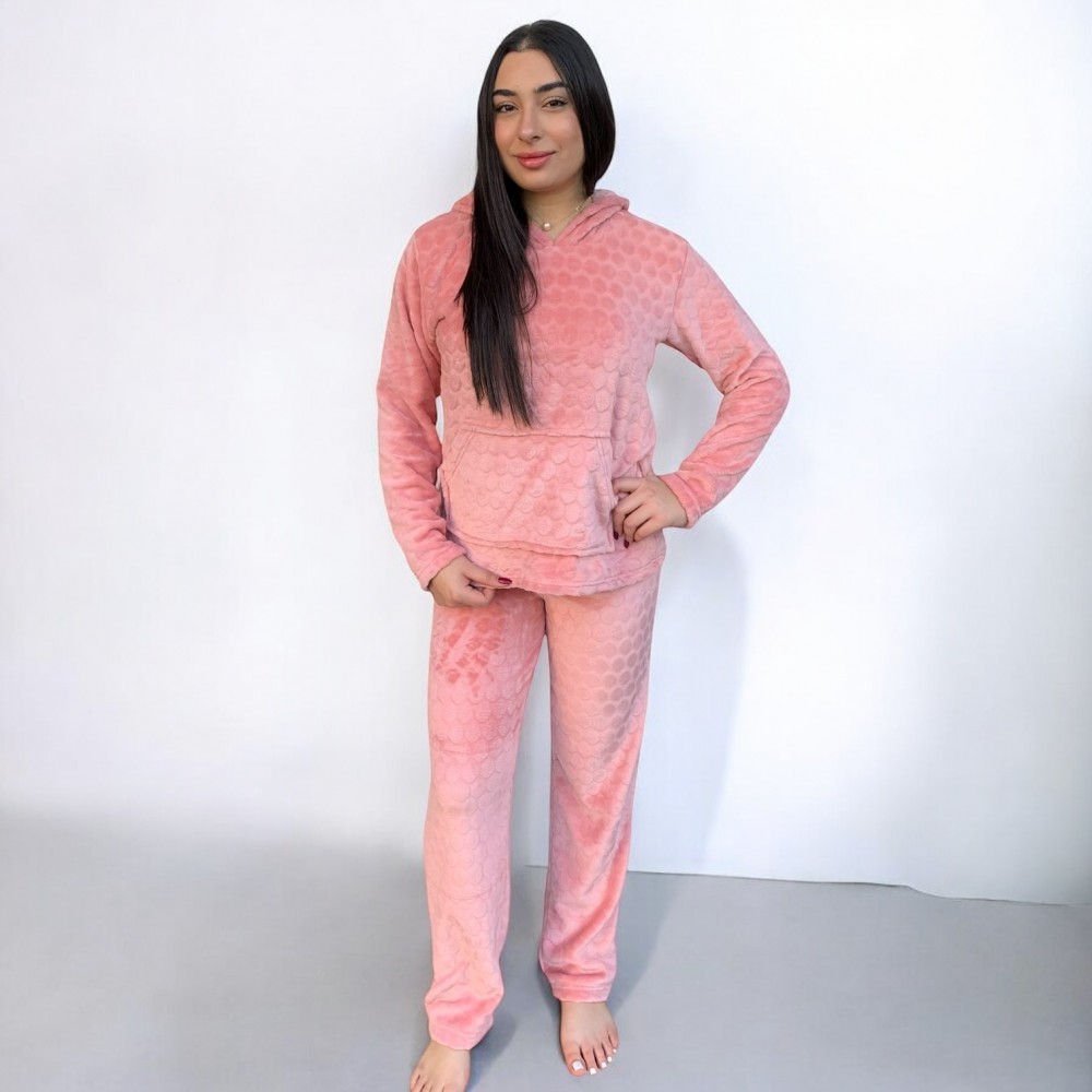 Woman Pyjamas Coral Fleece With Hat Dots Pink - Big Sizes Available