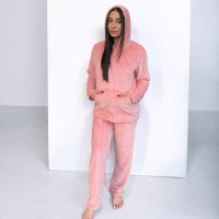 Woman Pyjamas Coral Fleece With Hat Pattern Pink - Big Sizes Available